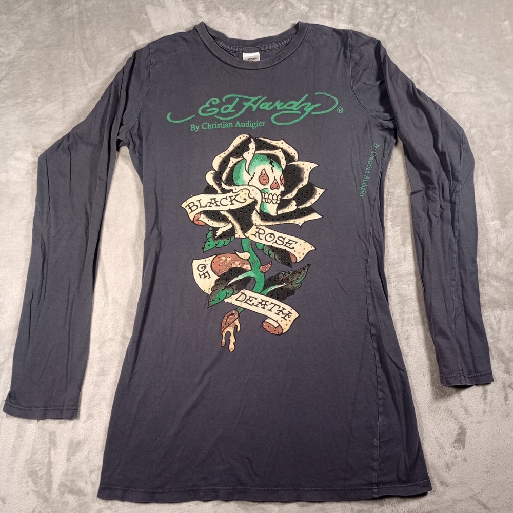 Ed Hardy Long Sleeve Shirt Womens S Grey Rose of Death Y2K Tattoo Rhinestone